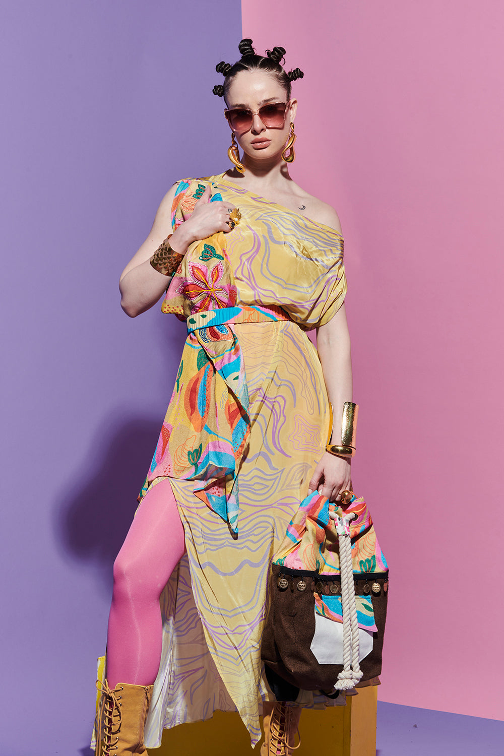 Embroidered Lapel scarf dress in amoeba and croissant print
