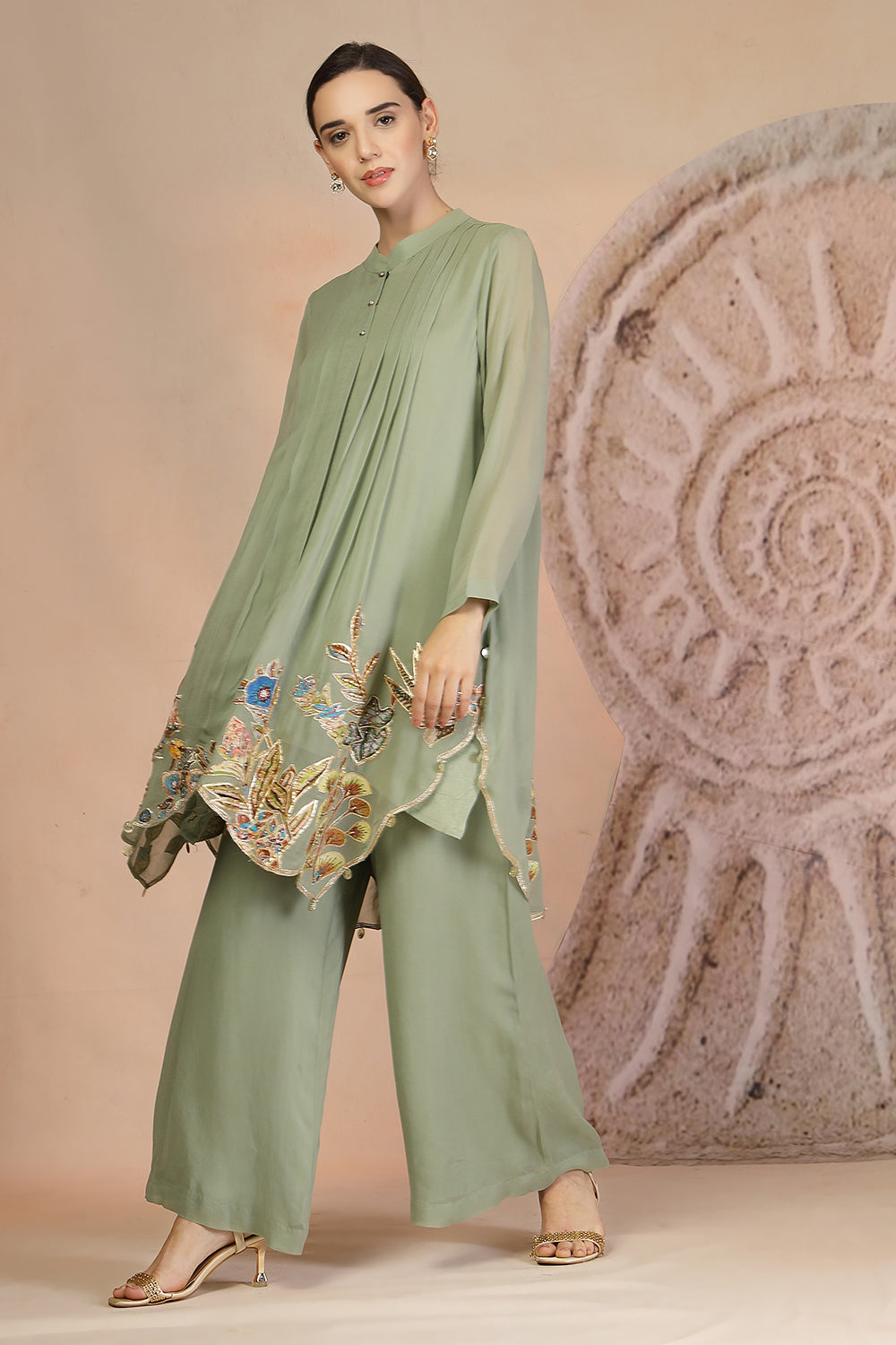 Embroidered Pista Green Indo-Western Set with Palazzo Pants