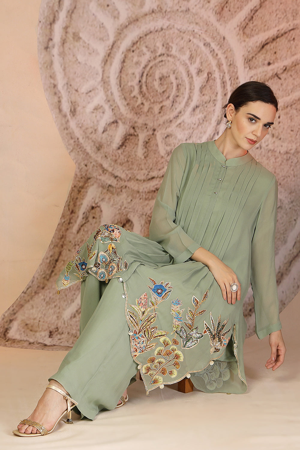 Embroidered Pista Green Indo-Western Set with Palazzo Pants