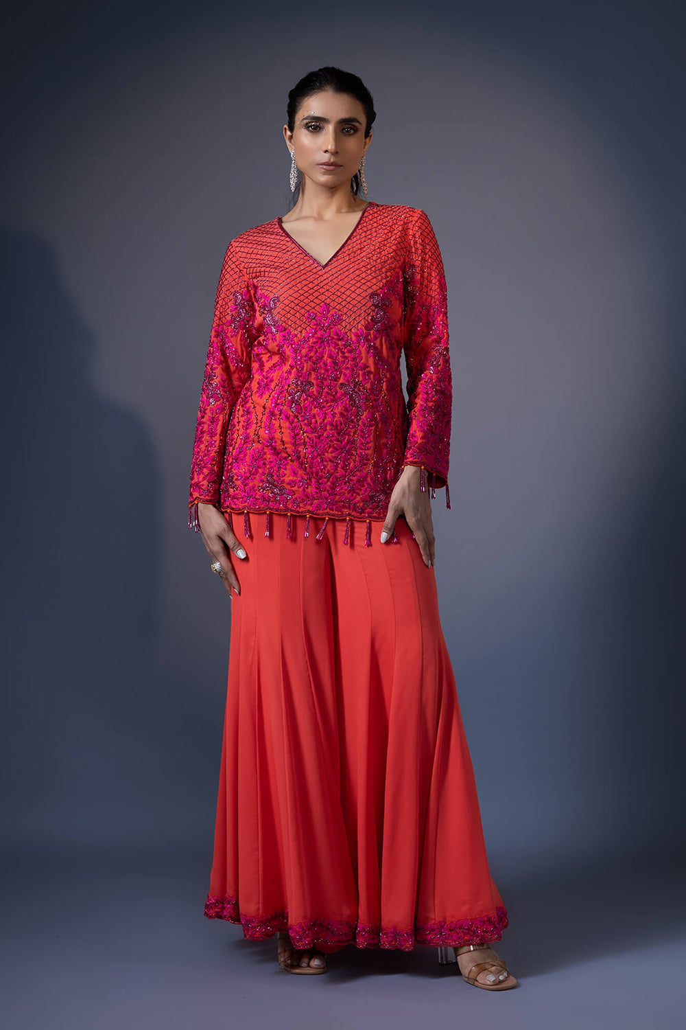 Embroidered Short Kurta With Kali Flared Pants