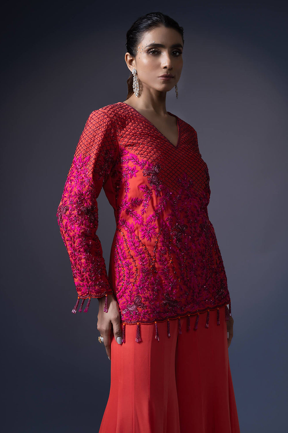 Embroidered Short Kurta With Kali Flared Pants