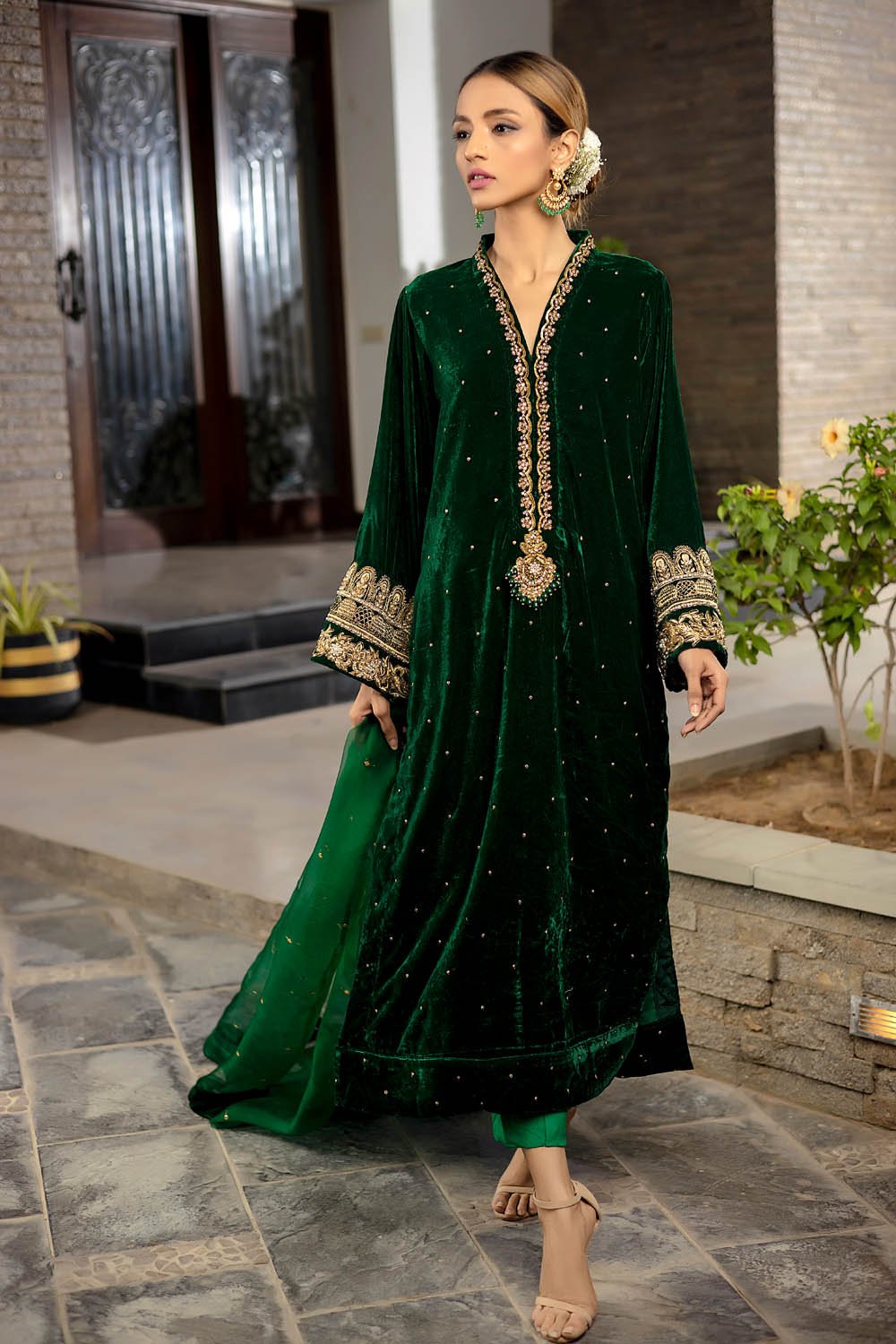 Emerald Dusk Velvet Suit Set
