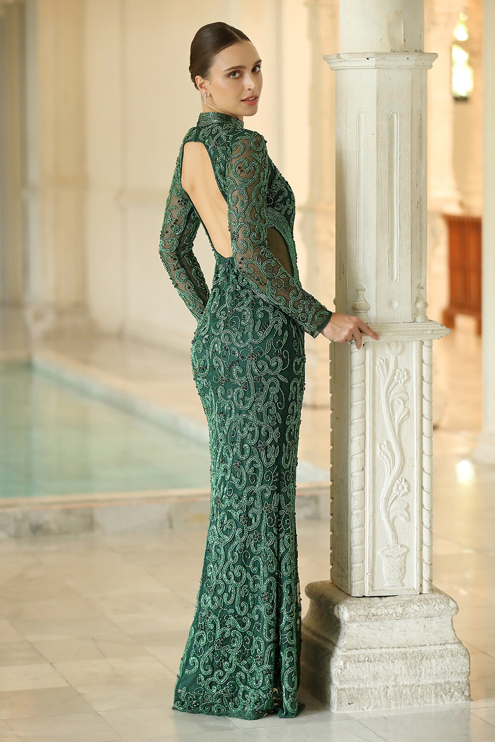 Emerald Green Embroidered Sheer Panel Gown