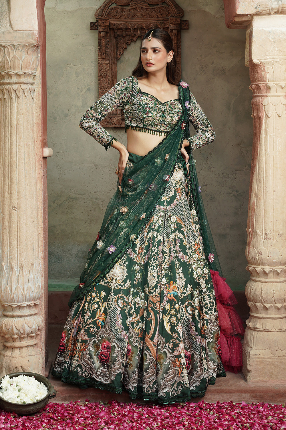 Emerald Green Floral Embroidered Luxury Lehenga Set