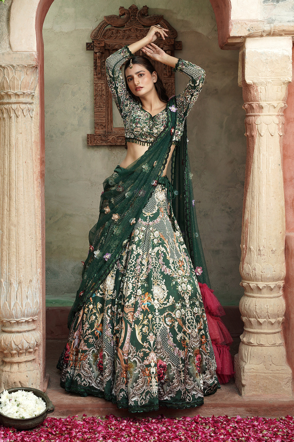 Emerald Green Floral Embroidered Luxury Lehenga Set