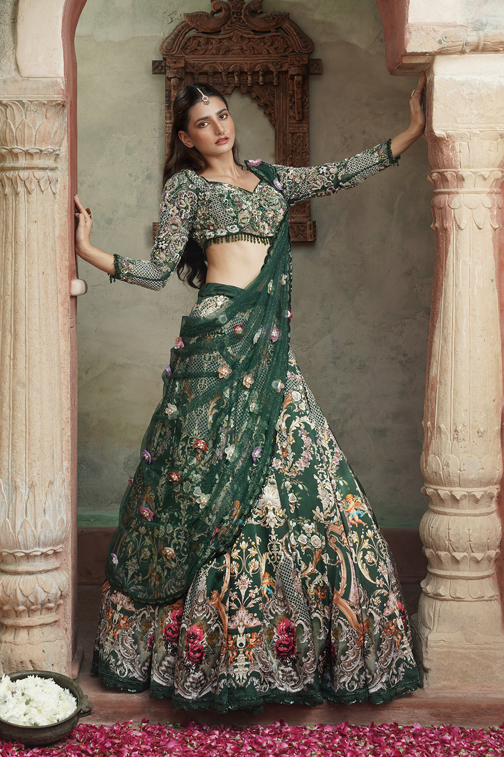 Emerald Green Floral Embroidered Luxury Lehenga Set