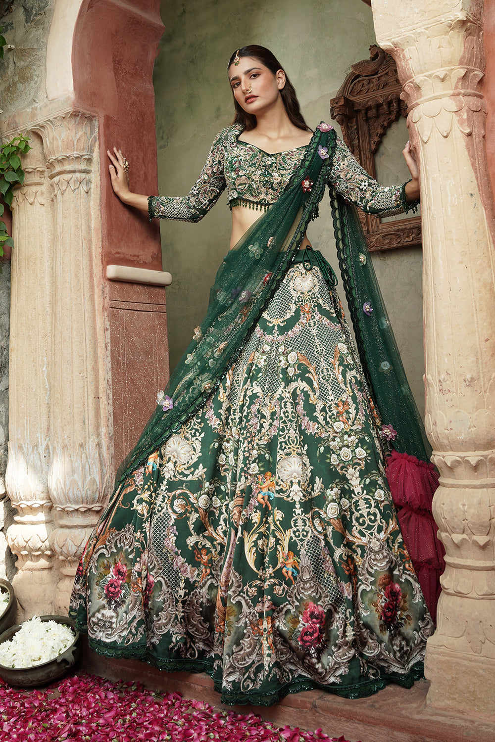 Emerald Green Floral Embroidered Luxury Lehenga Set