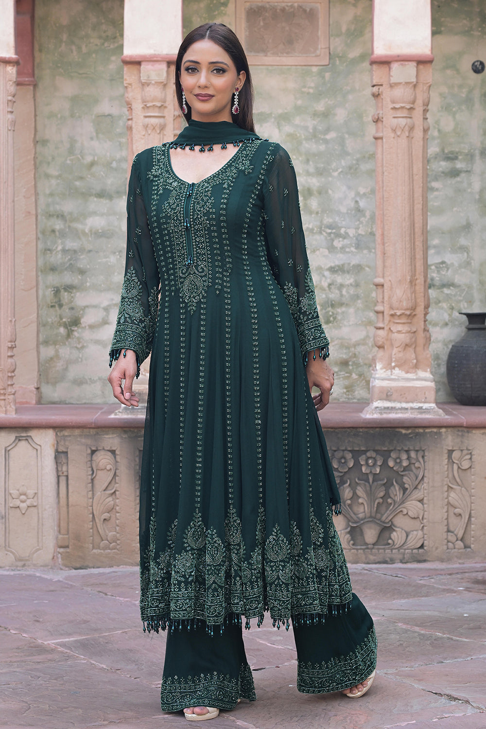 Emerald Green Georgette Beads Work Anarkali Suit Set