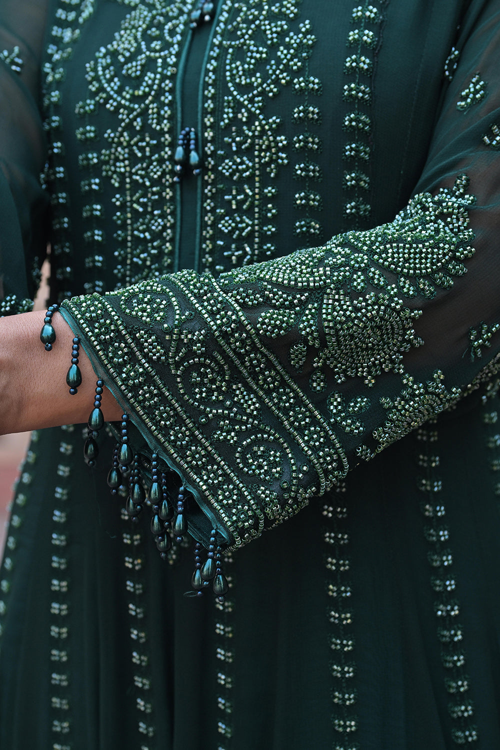 Emerald Green Georgette Beads Work Anarkali Suit Set