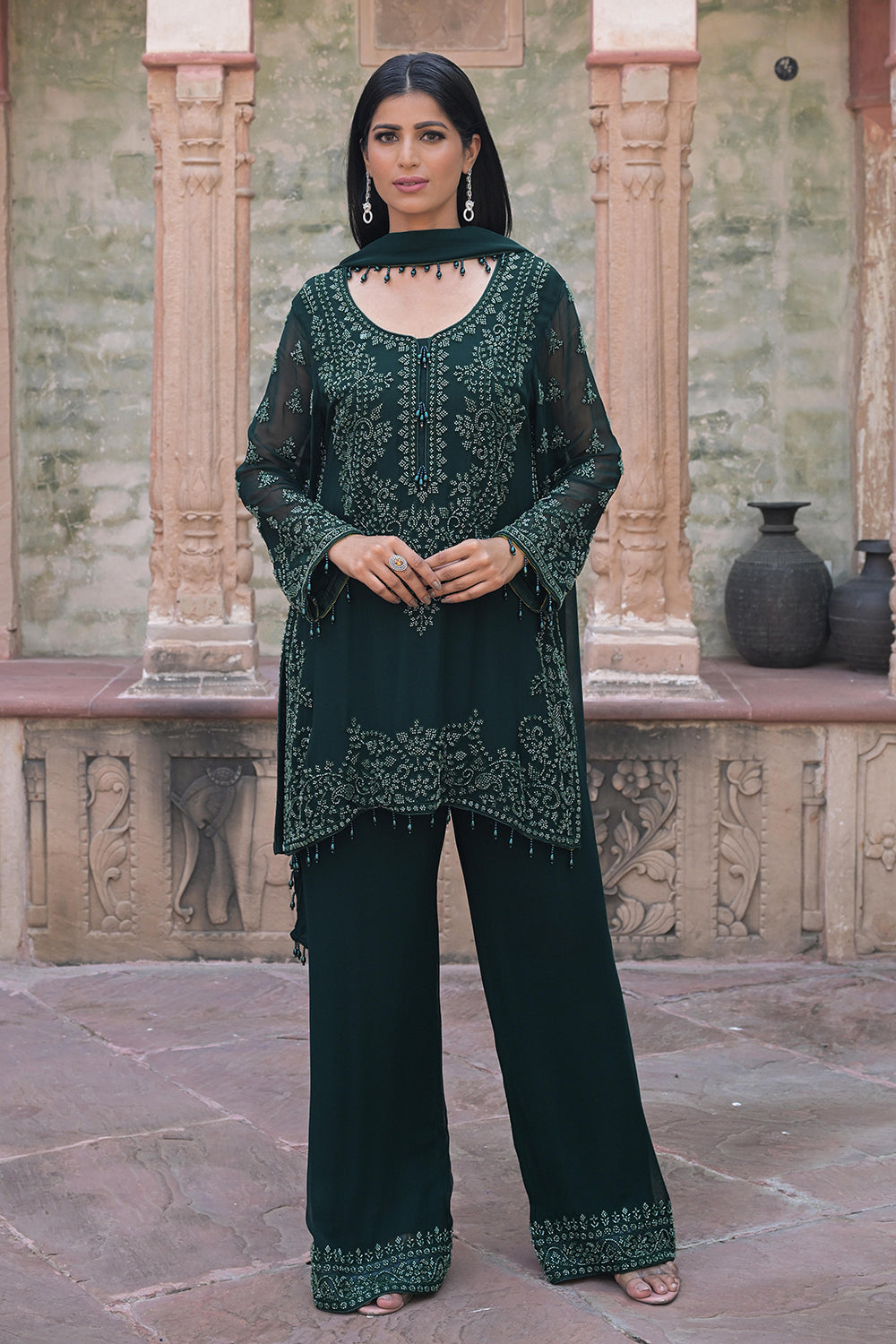 Emerald Green Georgette Beads Work Kurta Pant Set