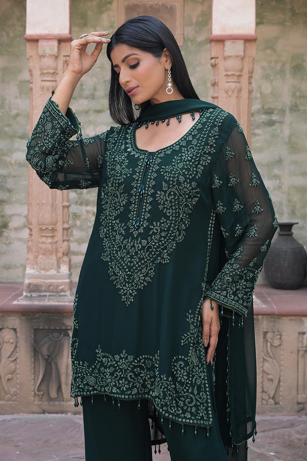 Emerald Green Georgette Beads Work Kurta Pant Set