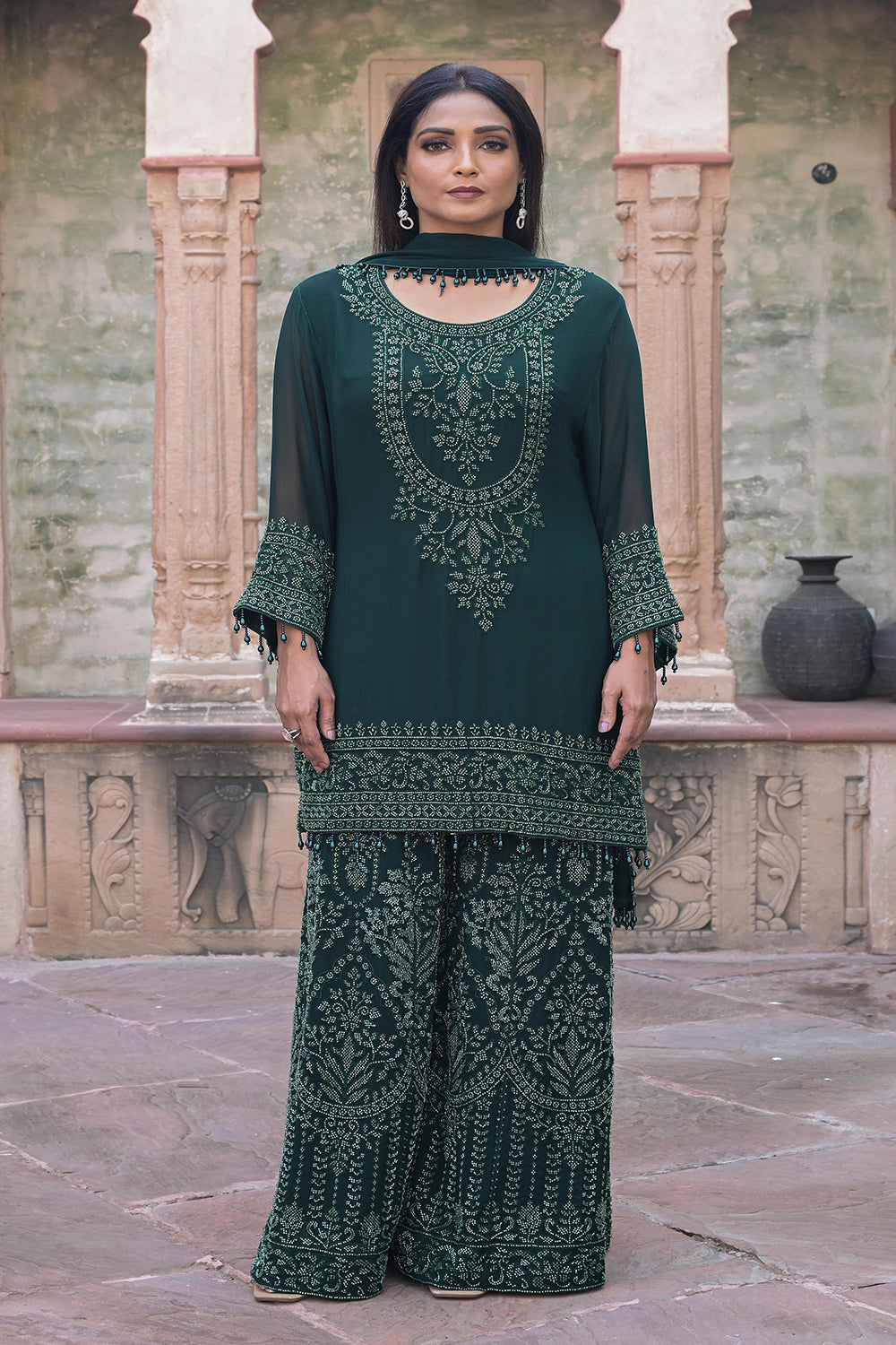 Emerald Green Georgette Kurta Sharara Set with Beads Work