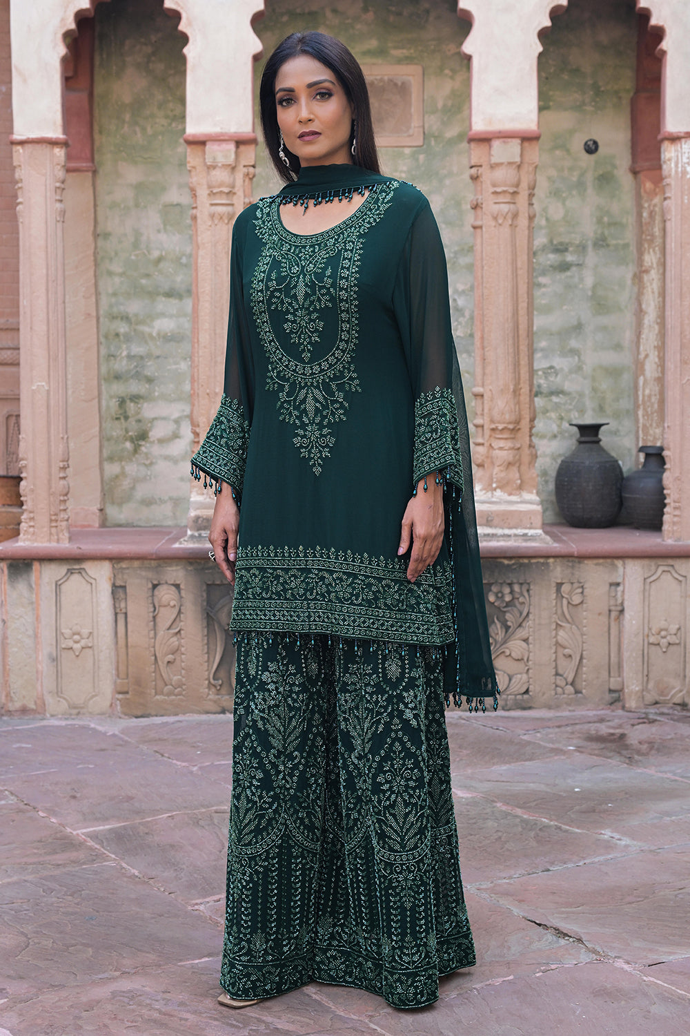 Emerald Green Georgette Kurta Sharara Set with Beads Work