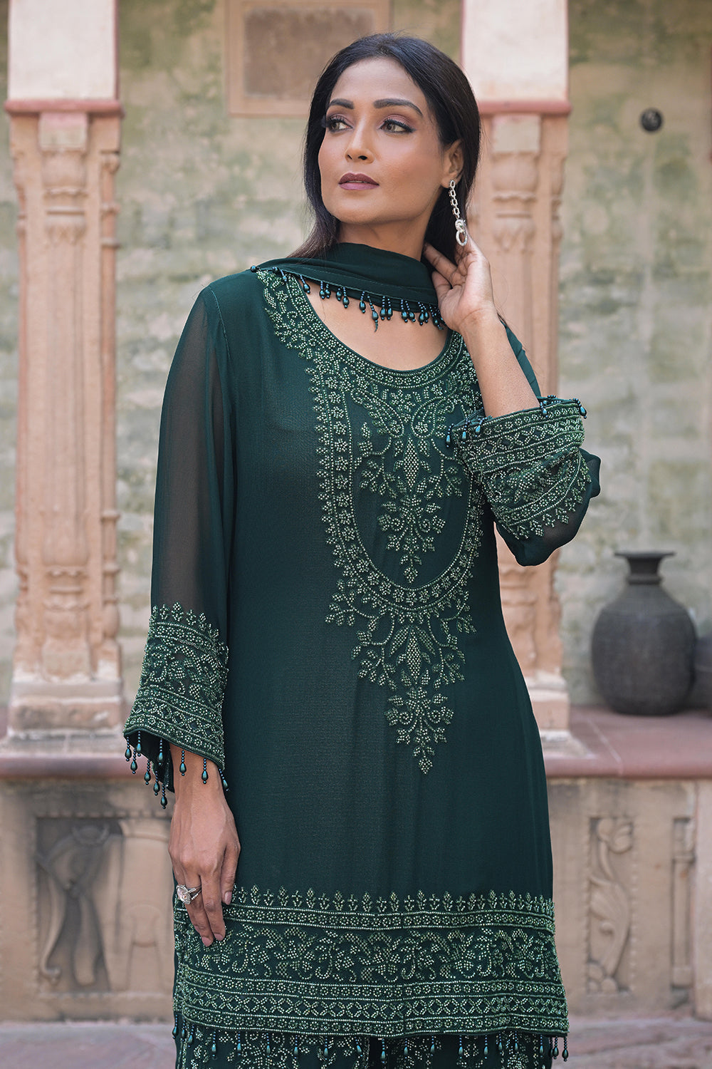 Emerald Green Georgette Kurta Sharara Set with Beads Work