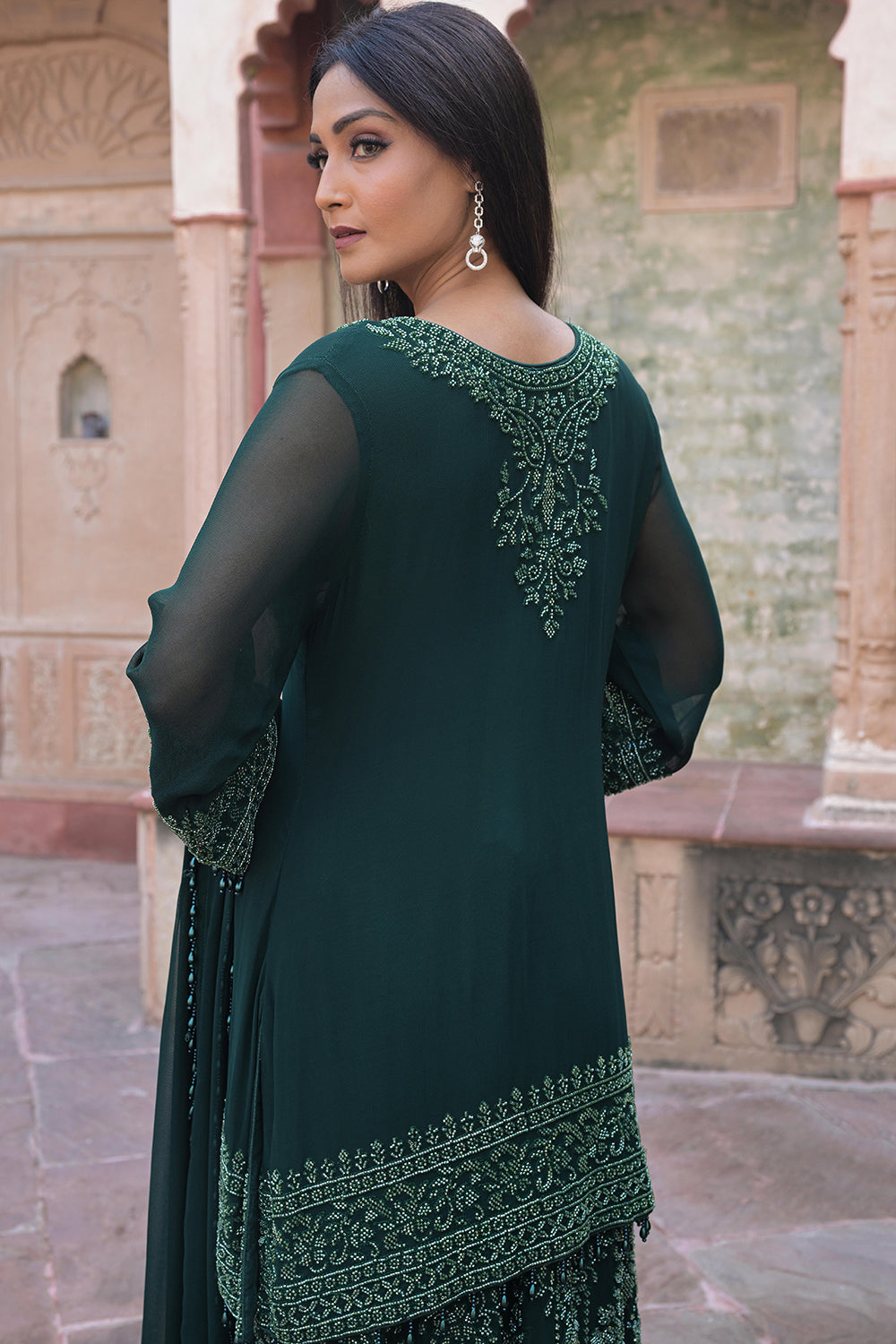 Emerald Green Georgette Kurta Sharara Set with Beads Work