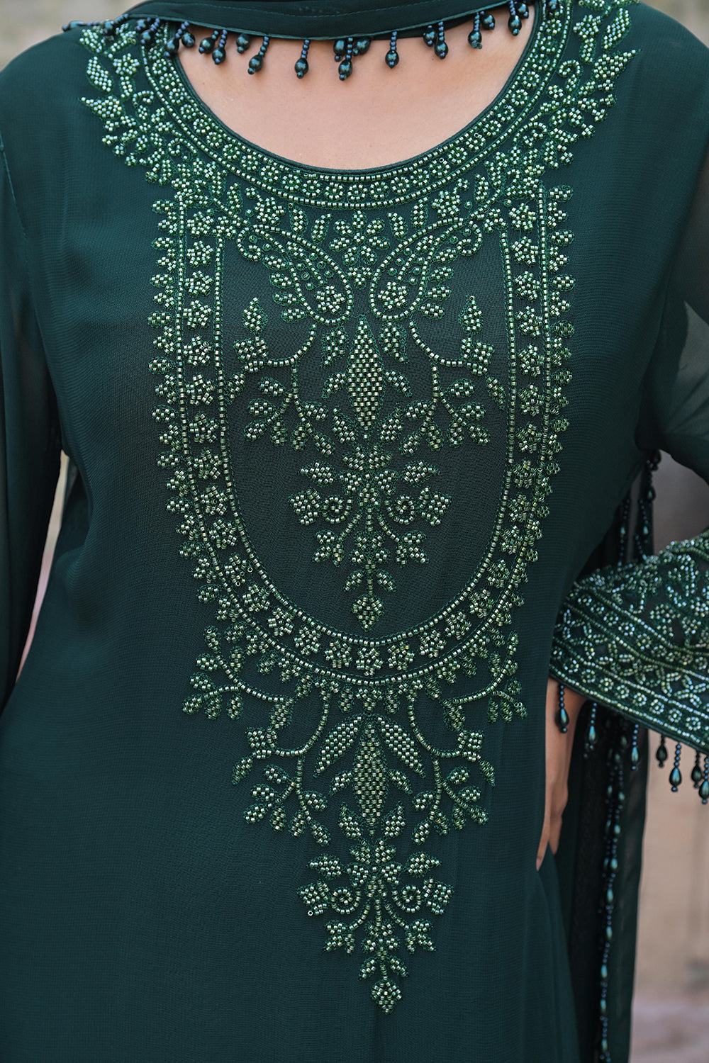Emerald Green Georgette Kurta Sharara Set with Beads Work