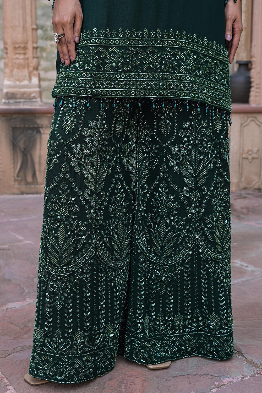 Emerald Green Georgette Kurta Sharara Set with Beads Work