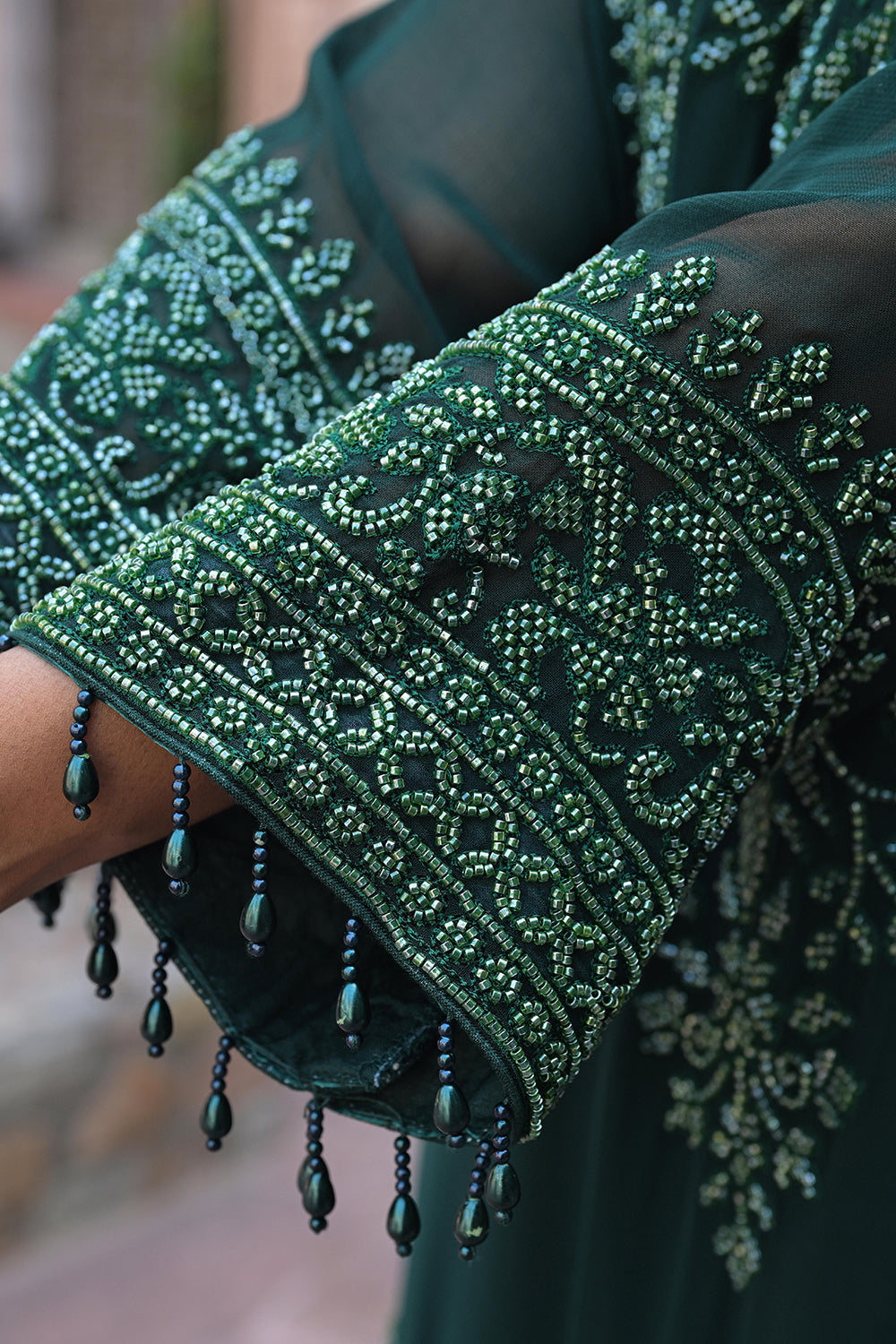 Emerald Green Georgette Kurta Sharara Set with Beads Work