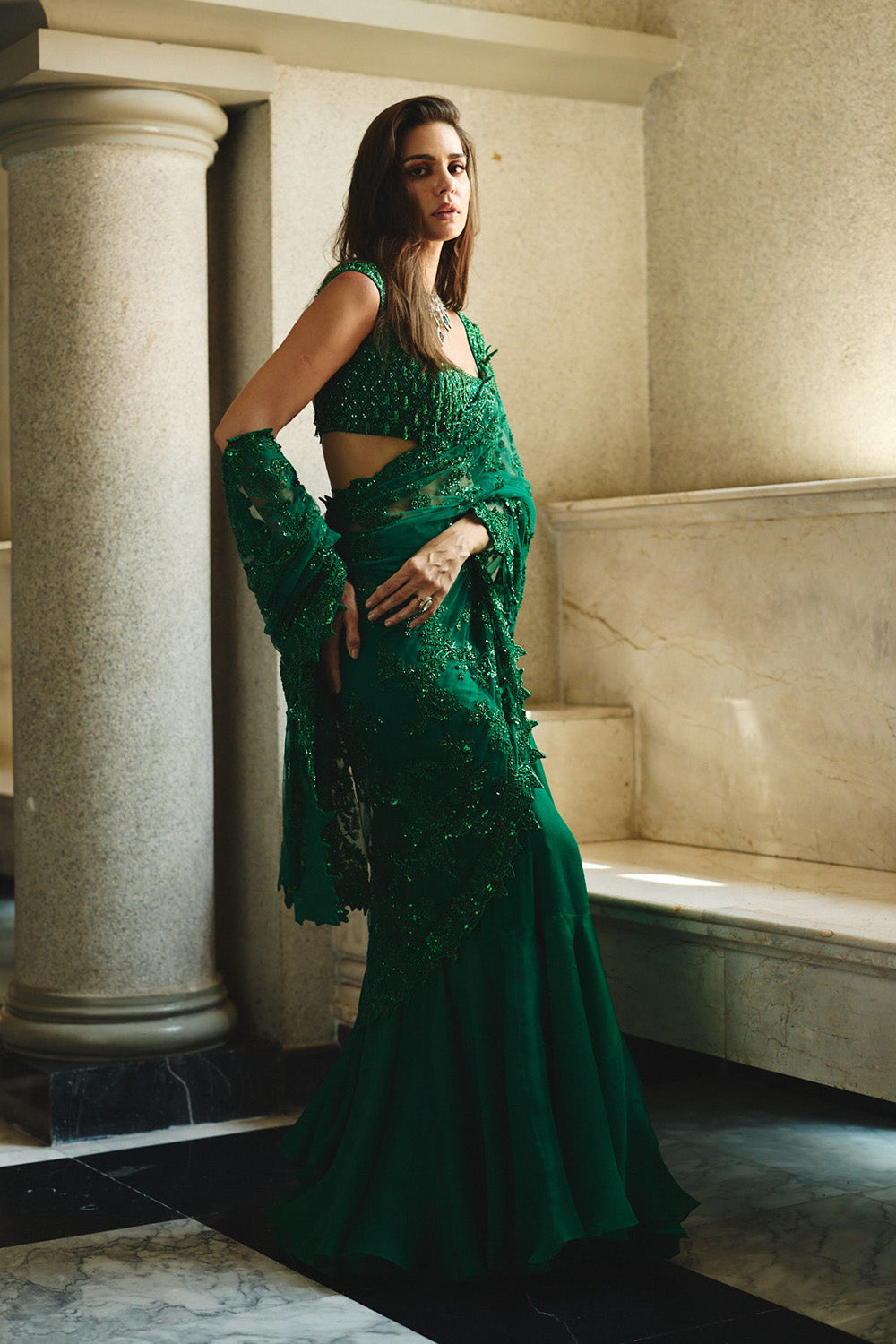 Emerald Green New Athena Ruffle Saree Set
