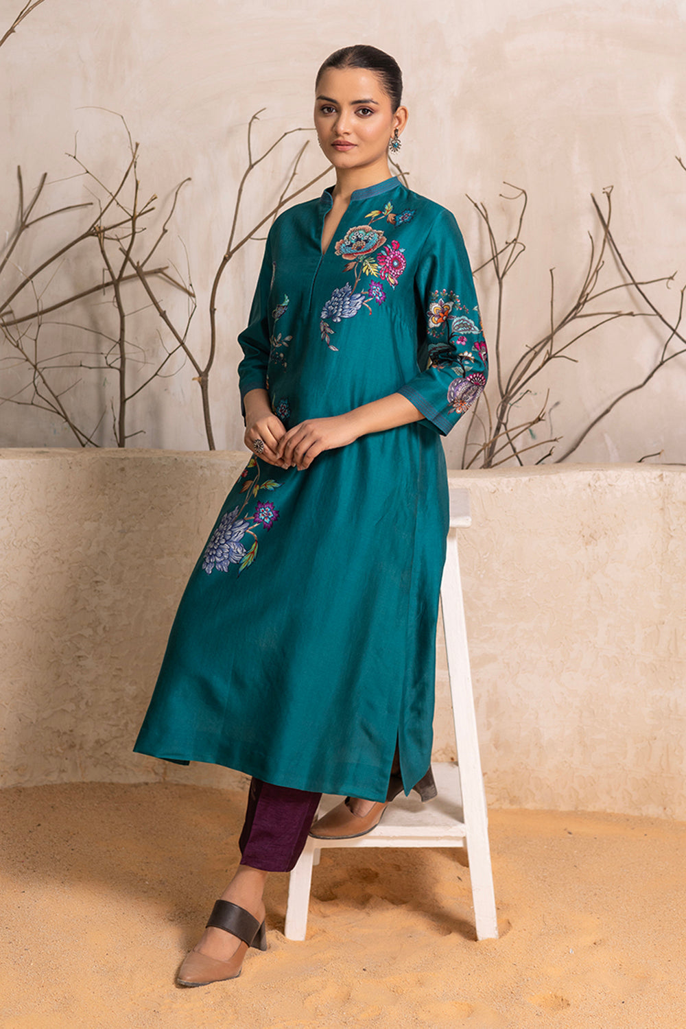 Emerald Silk Chanderi Floral Printed Tunic