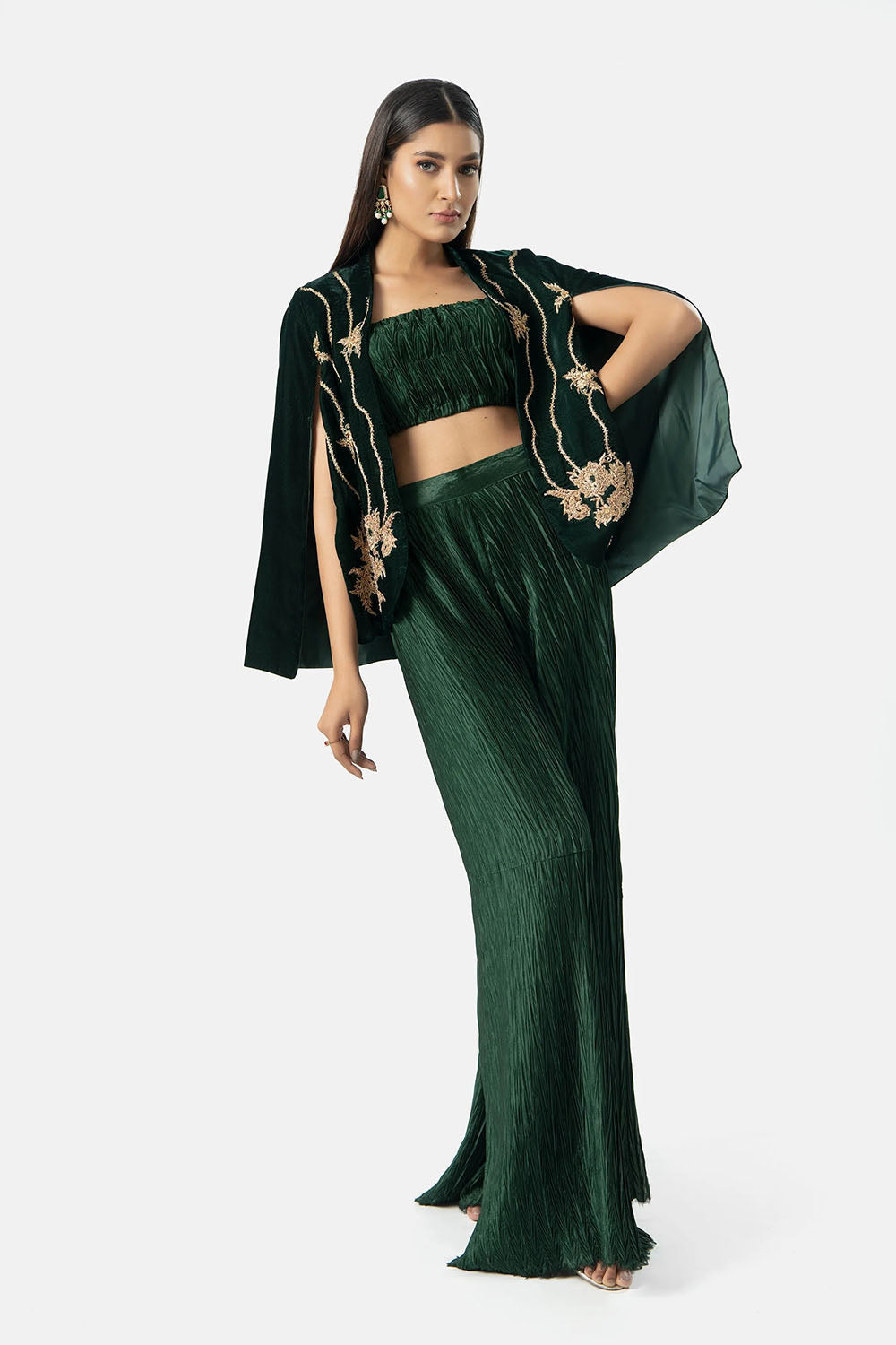 Emerald Velvet Embroidered Cape Jacket