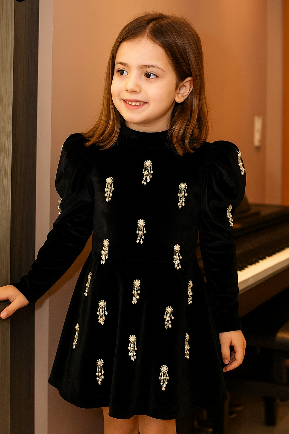 Black Short Dress with pearl embroidery