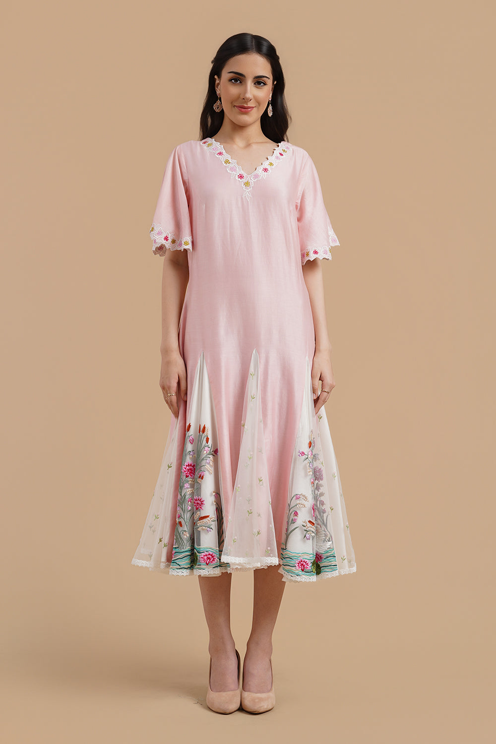 Flared Dress With Embroidery On Panels