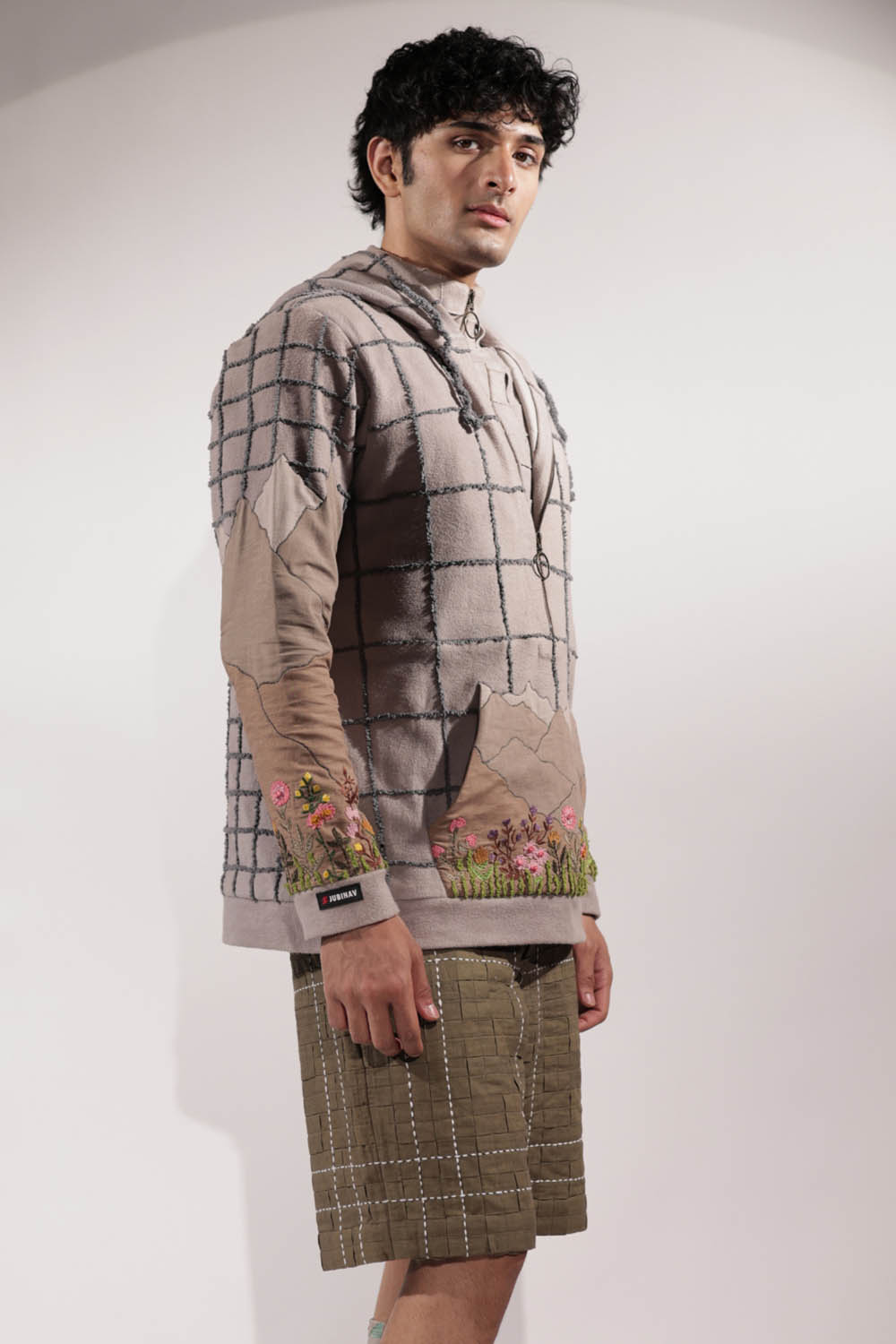 Fleece Zip-up hoodie with Mountain Patchwork & Floral Embroidery