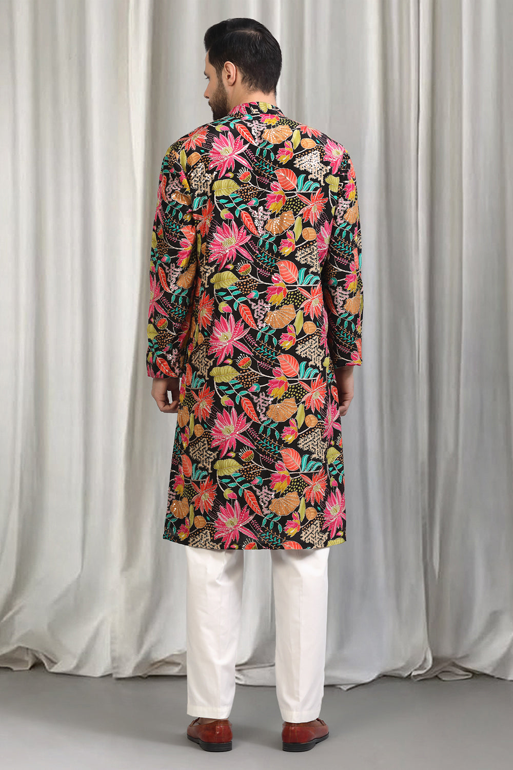 Floral Printed Embroidered Kurta Set With Back Elastic Pants