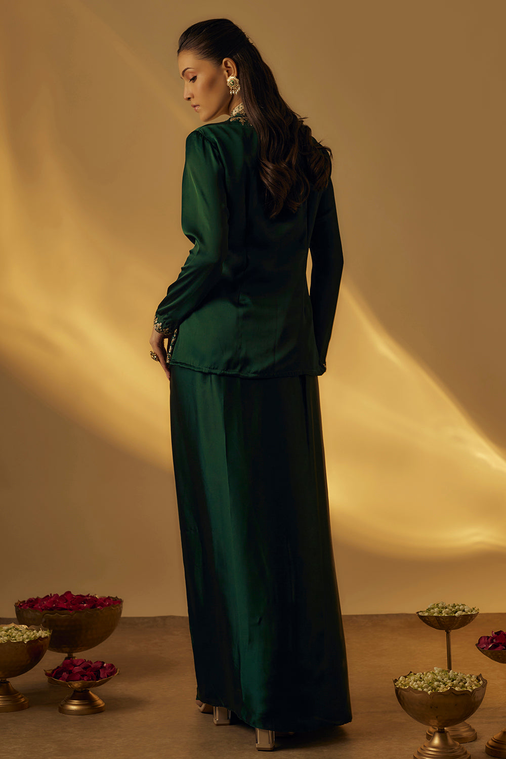 Forest Green Satin Jacket with Saree Drape Skirt