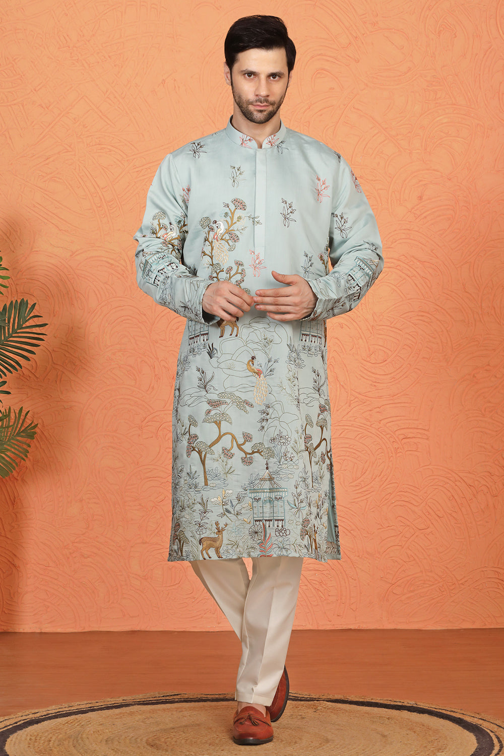 Forest Landscape All Over Embroidered Kurta with Back Elastic Pants