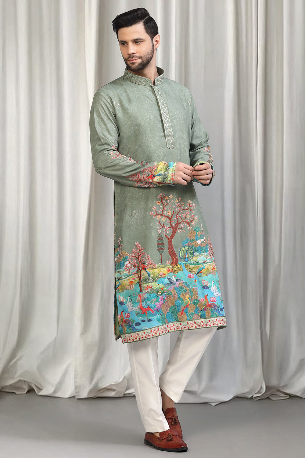 Forest Printed Embroidered Kurta Set With Back Elastic Pants