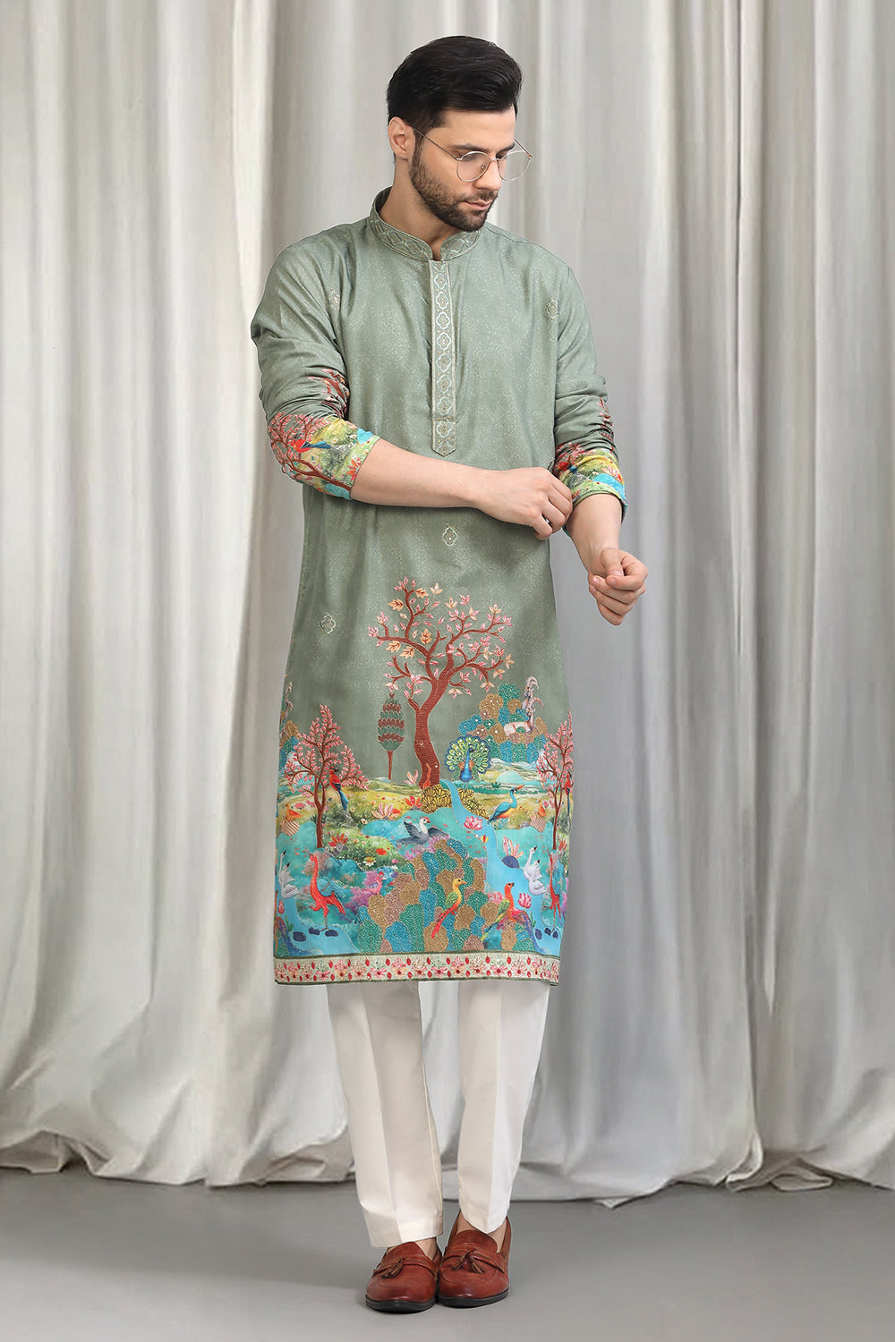 Forest Printed Embroidered Kurta Set With Back Elastic Pants