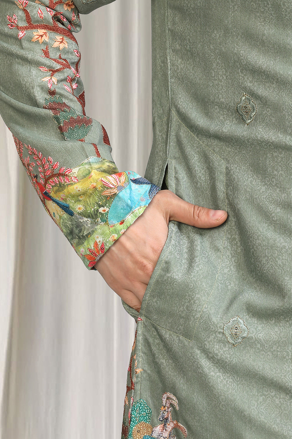 Forest Printed Embroidered Kurta Set With Back Elastic Pants
