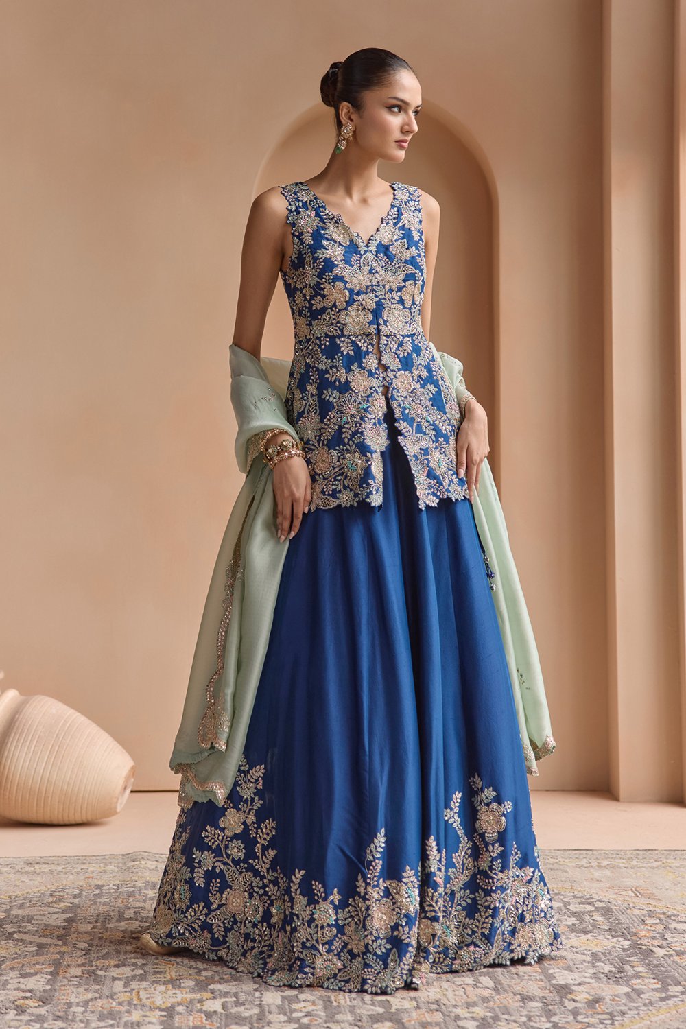 French Navy Embroidered Peplum Lehenga Set