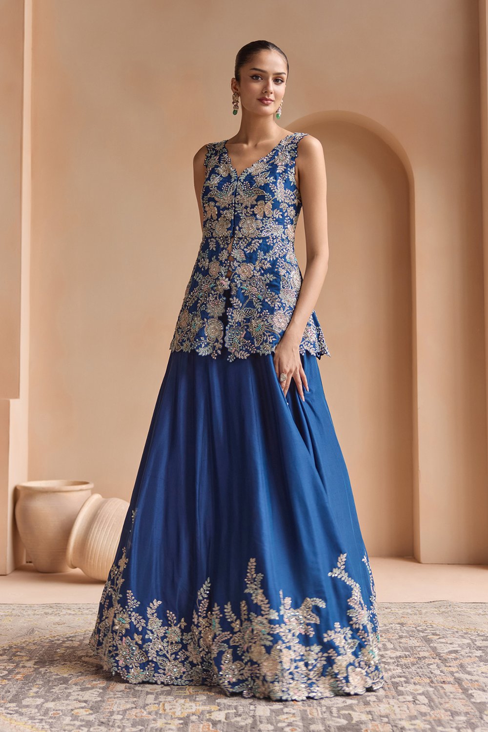French Navy Embroidered Peplum Lehenga Set
