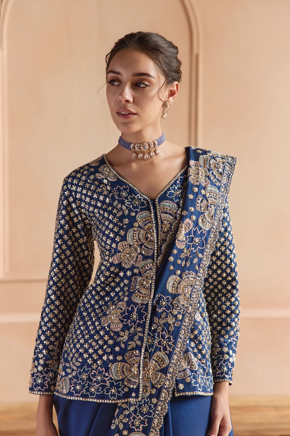 French Navy Saree Set