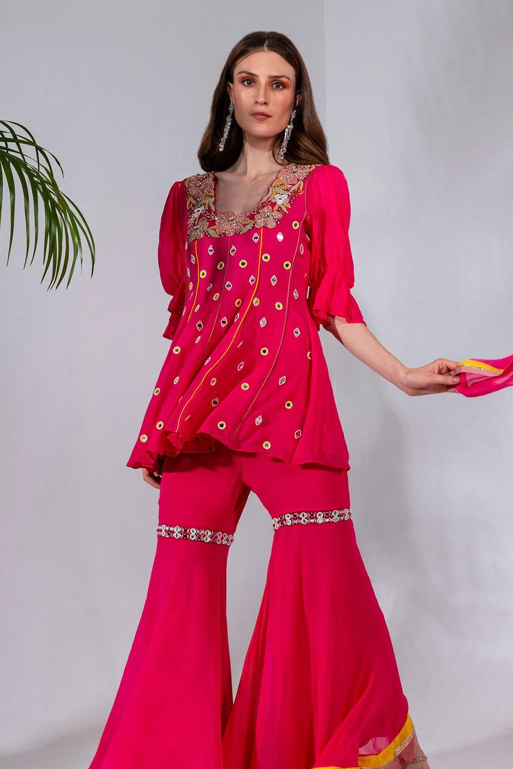 Fuchsia Embroidered Kurta And Gharara Set