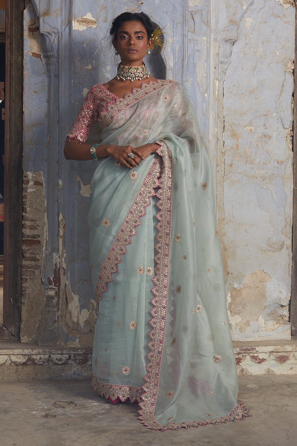 Fuchsia Sea Green Organza Saree