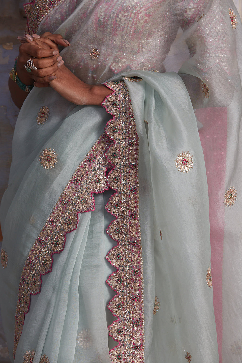 Fuchsia Sea Green Organza Saree