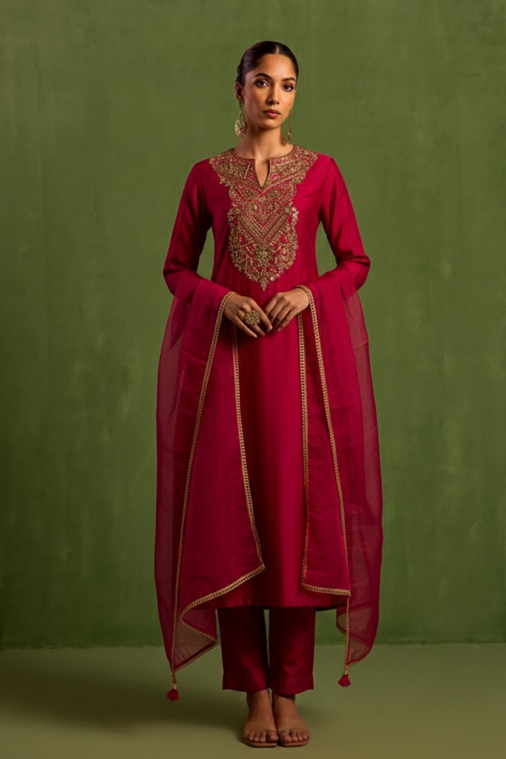 Fuscia Chanderi Silk Hand Embroidered Kurta Set