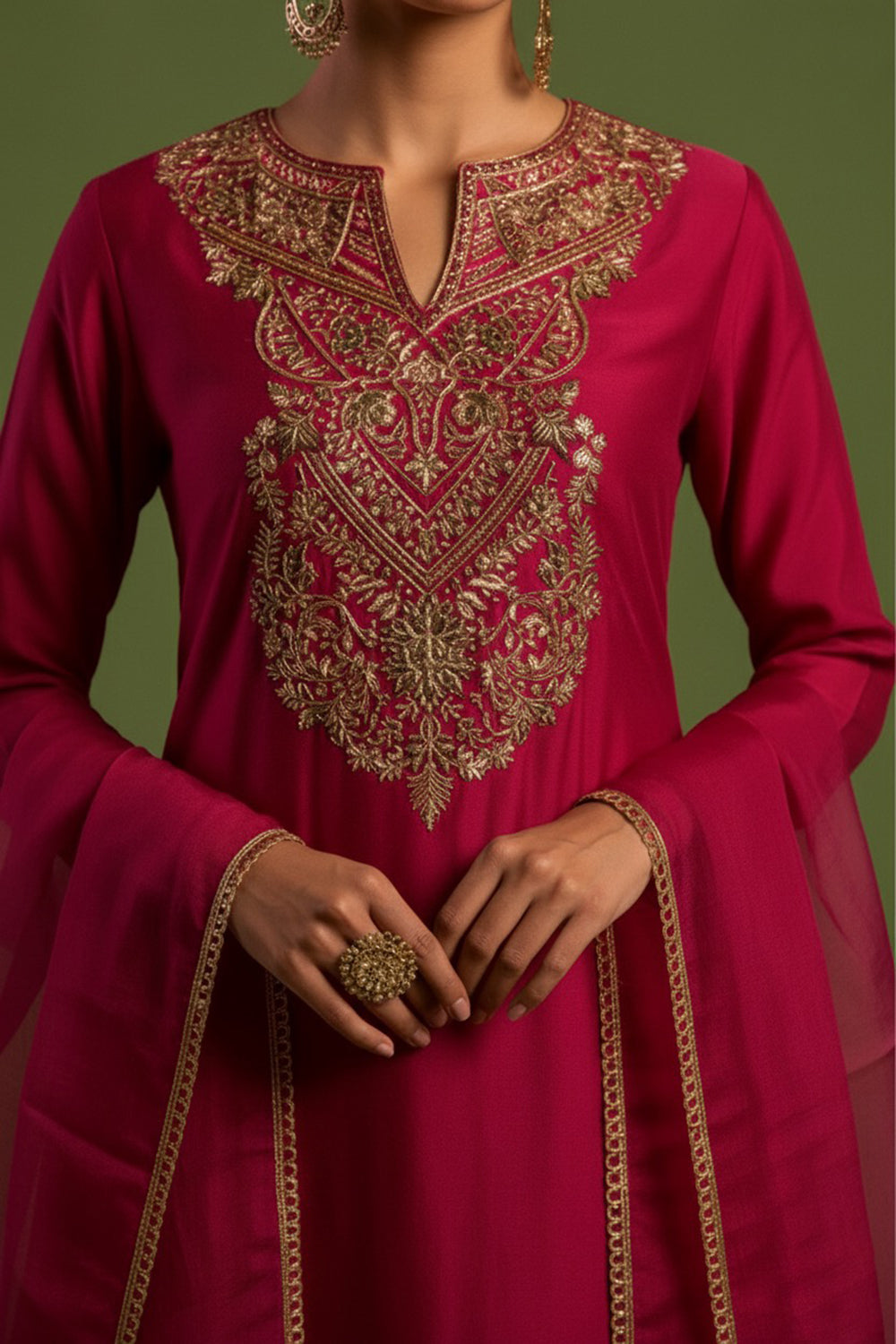 Fuscia Chanderi Silk Hand Embroidered Kurta Set