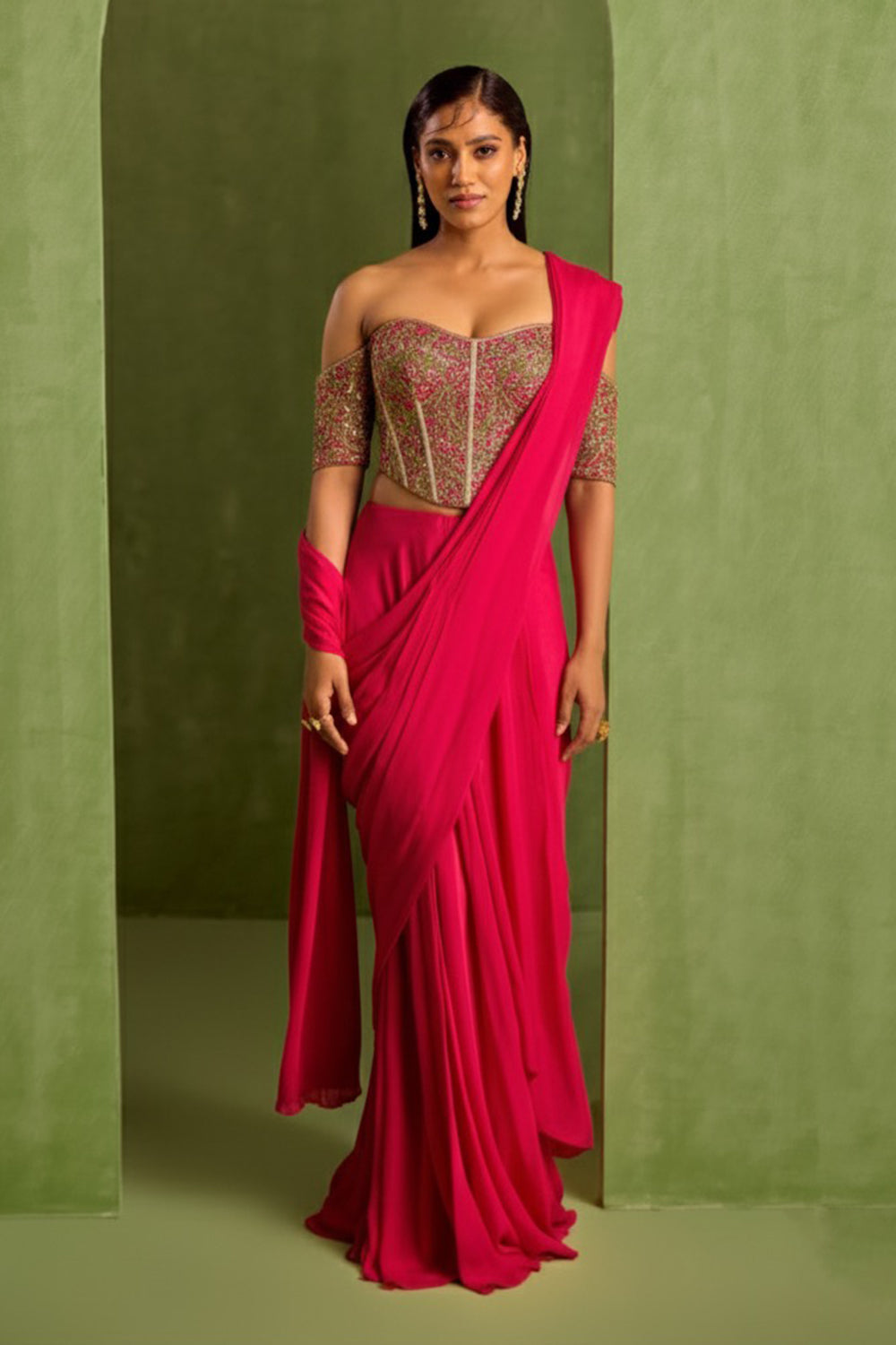 Fuscia Pre Draped Saree Set