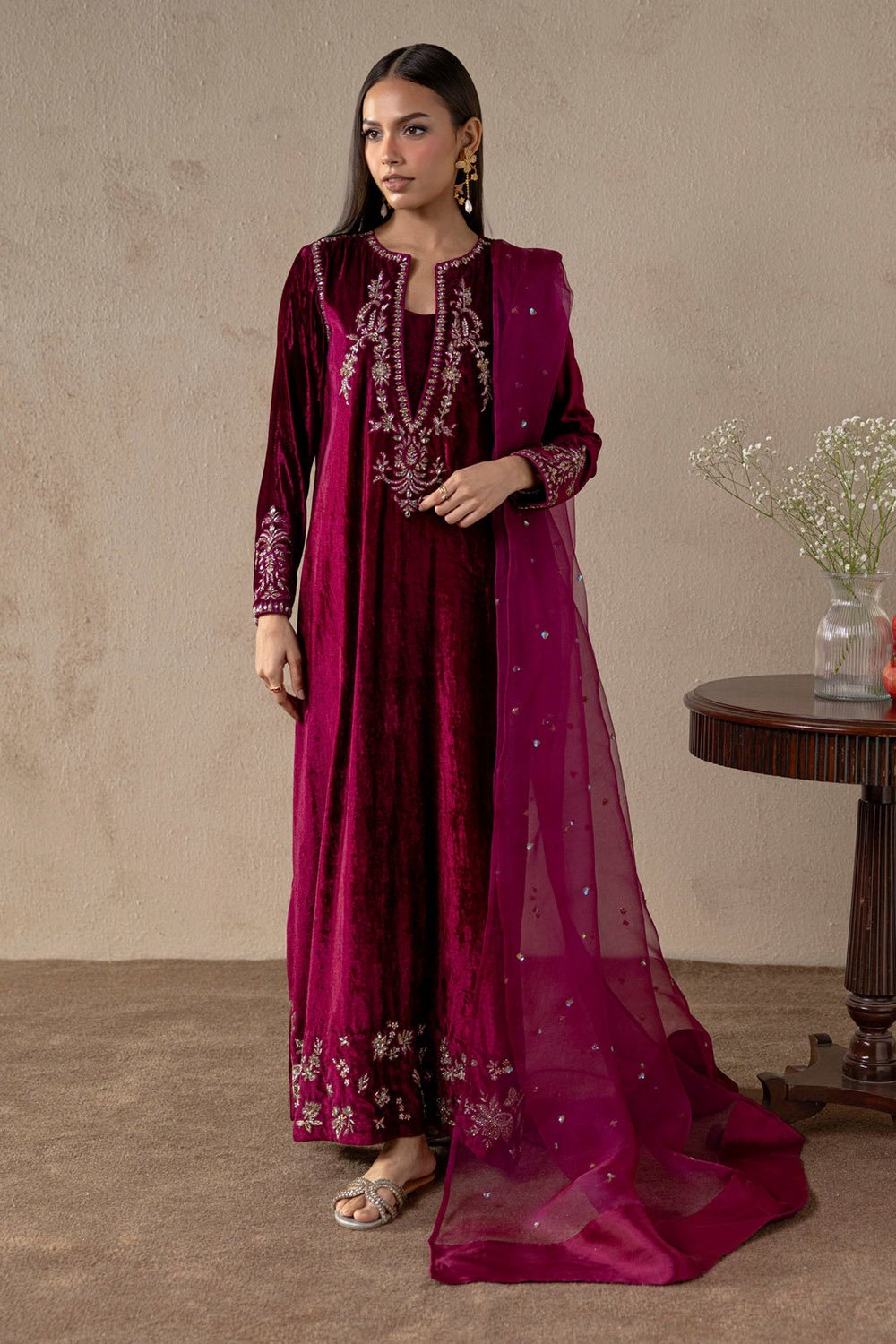 Garnet Bloom Velvet Suit Set