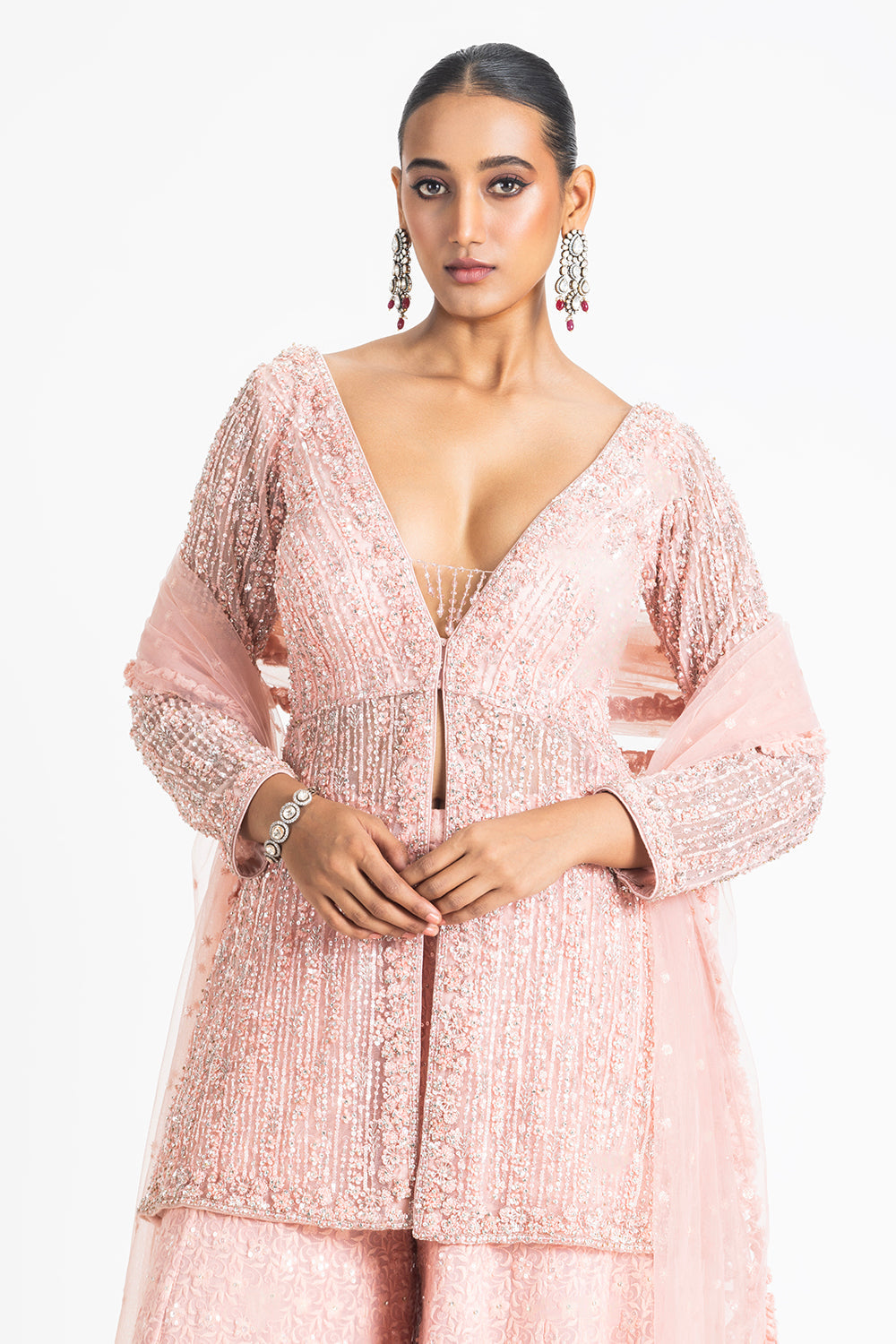 Georgette Rose Pink Fully Embroidered Peplum Top and Sharara