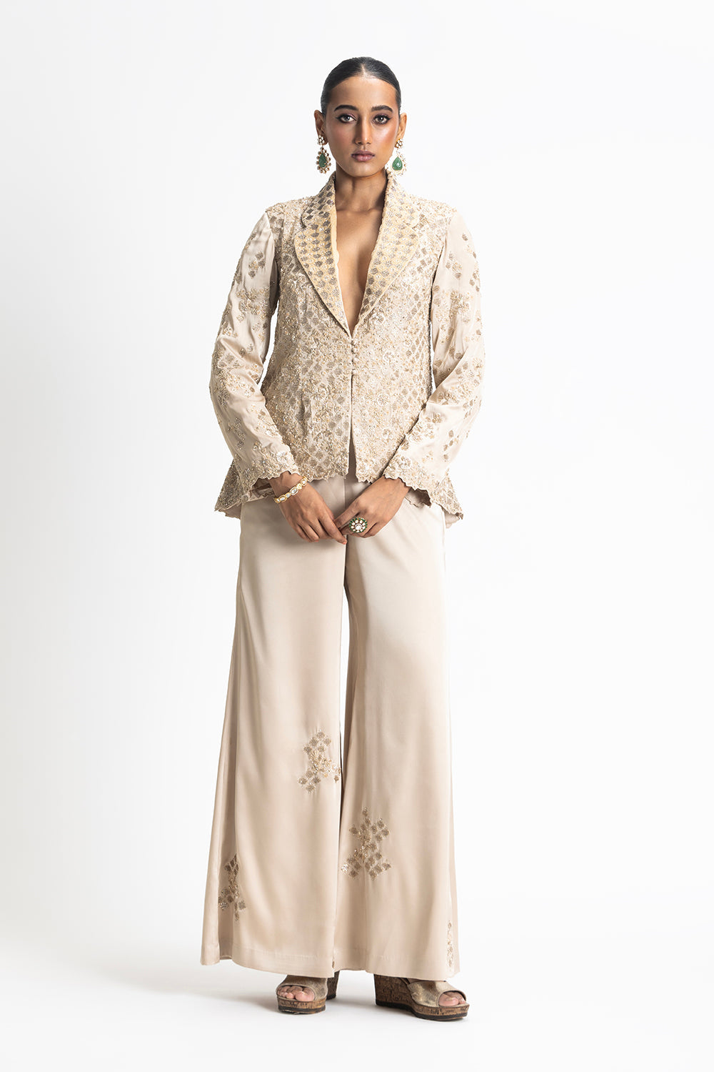 Gold Modal Satin Embroidered Jacket And Trouser