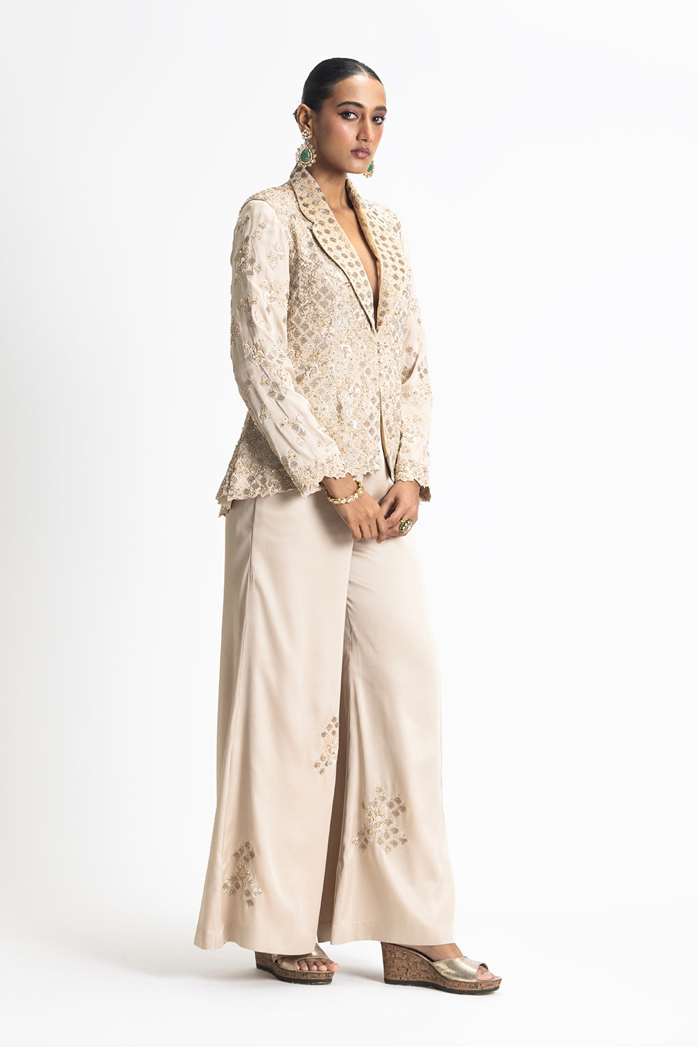 Gold Modal Satin Embroidered Jacket And Trouser