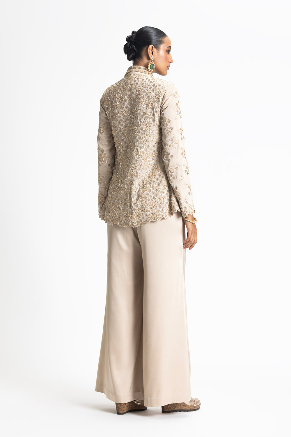 Gold Modal Satin Embroidered Jacket And Trouser