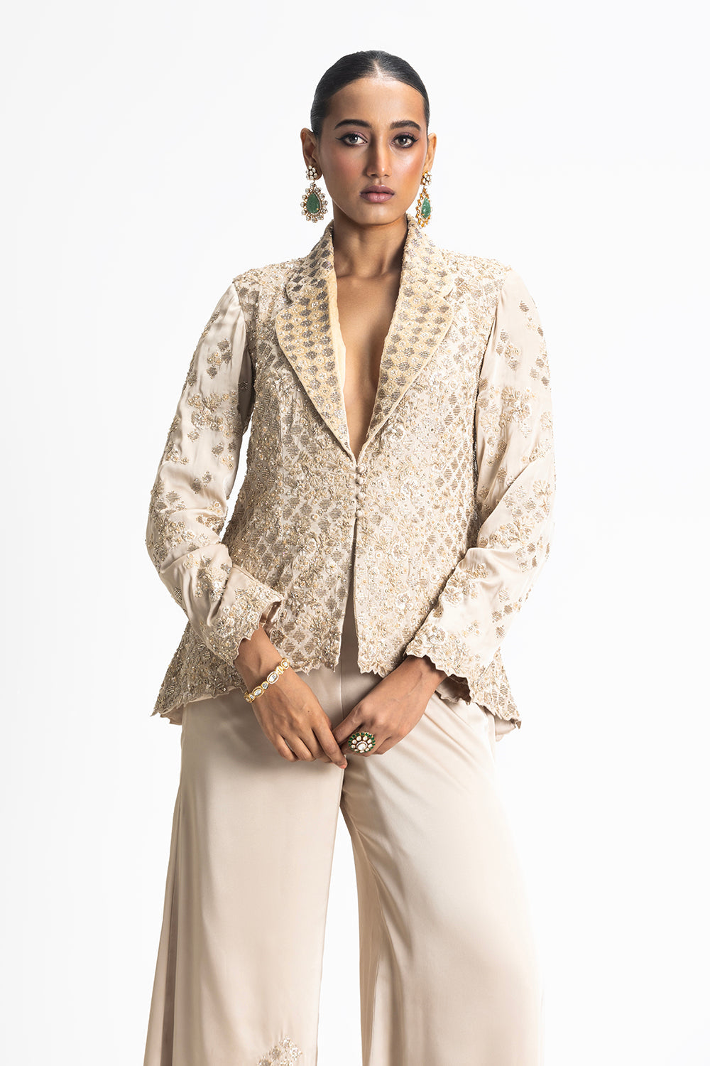 Gold Modal Satin Embroidered Jacket And Trouser