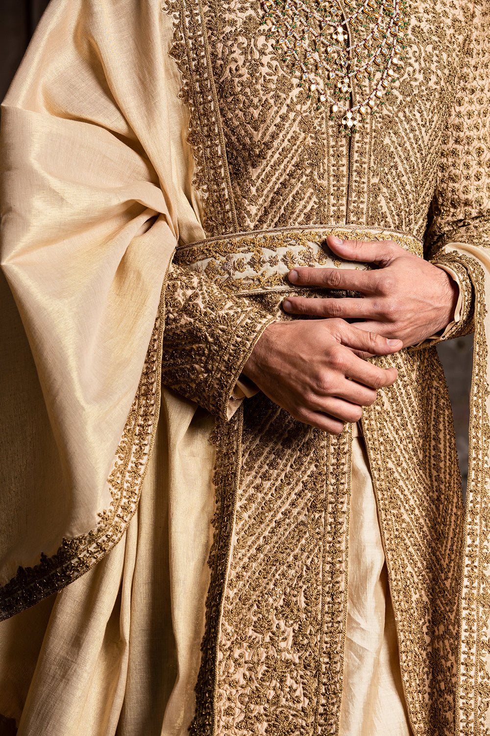 Gold Raw Silk Antique Embroidered Achkan With Belt And Kurta+Churidar